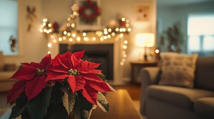 A vibrant poinsettia adorned with soft bokeh lights, set in a cozy living room with holiday decorations, creating a warm, welcoming ambiance