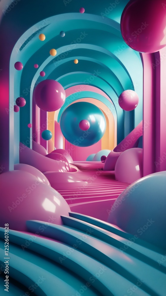 Poster abstract 3d background wallpaper with geometric shapes floating in a vast space bold colors like mag