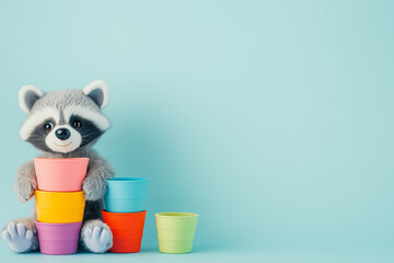 Adorable soft raccoon accompanied by vibrant rainbow-colored stacking cubes create a playful, charming scene magically