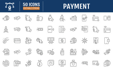 Payment Line Editable Icons set. Containing NFC, card,
phone, money, cash, wallet and more. Vector Illustration