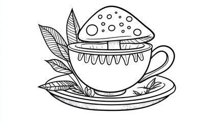Mushroom teacup, leaves, saucer; whimsical drink illustration, for menu design