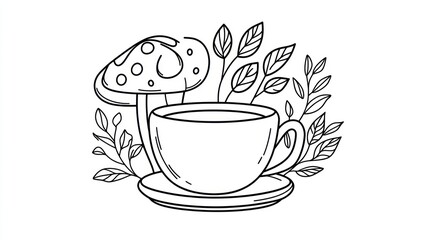 Cozy autumn cup of tea with mushroom and leaves; fall beverage illustration