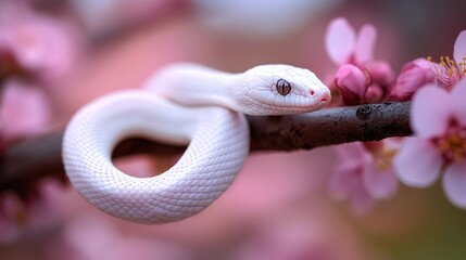 Fototapeta premium Albino snake coiled on blossoming branch, spring garden, macro