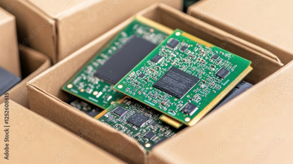 Poster Close-Up View of Green Circuit Boards inside Brown Cardboard Boxes in Technology Warehouse Setting