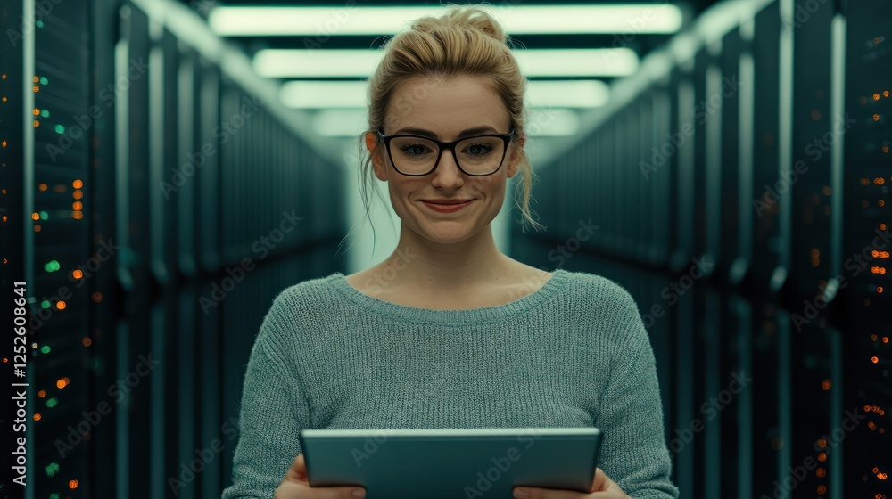 Aufkleber young woman with glasses smiling while holding tablet in high-tech server room with rows of servers