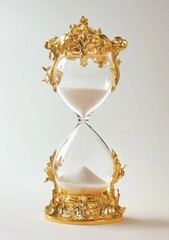 Golden hourglass, sand falling, white background, time concept,  decor
