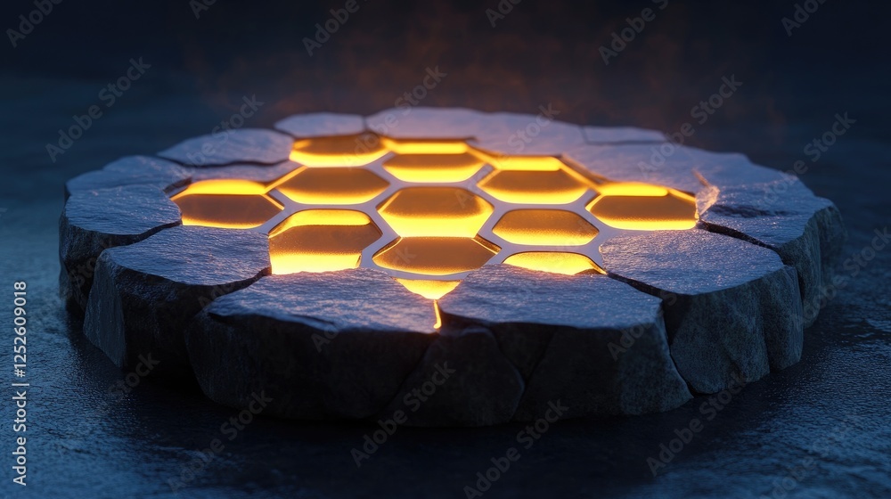 Poster An illuminated hexagonal pattern on a circular stone platform, glowing softly in a dark environment, highlighting the elegant, futuristic design