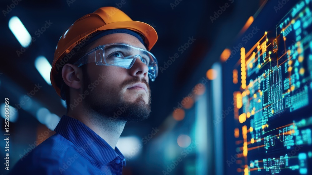 Aufkleber young engineer in safety gear analyzing data on digital screen in a modern technology environment