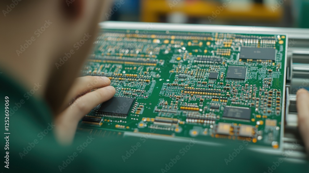 Poster Close Up Focus on Hands Working with Circuit Board in Electronics Workshop for Technology and Innovation