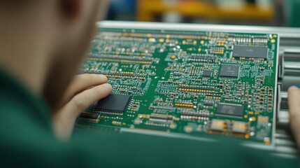 Fototapeta premium Close Up Focus on Hands Working with Circuit Board in Electronics Workshop for Technology and Innovation