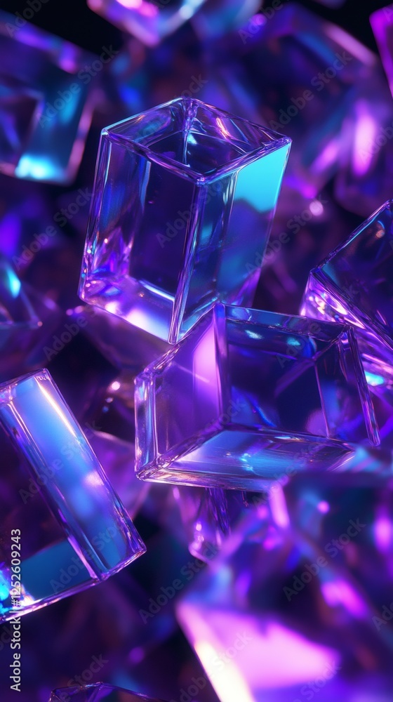Poster abstract 3d render of floating purple and blue geometric prisms reflecting glowing light the shapes 