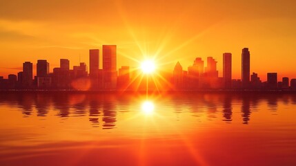 Fototapeta premium City Skyline Silhouette at Sunset Over Water