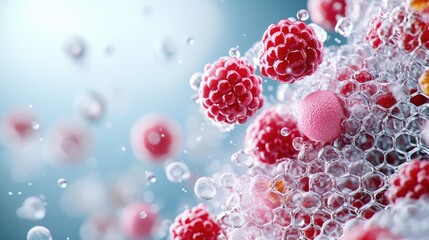 Raspberries in water splash; bubbles; food background; healthy eating