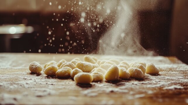 Freshly made gnocchi coated with a light dusting of flour, placed on a wooden surface, ready for the pot, with a rustic and homemade feel
