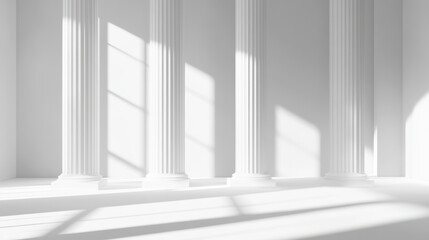 3D rendering of Greek columns on a white background, with soft shadows and diffused light rays