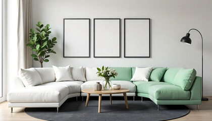 Fototapeta premium Modern Living Room with Green and White Sofa and Picture Frame Mockups