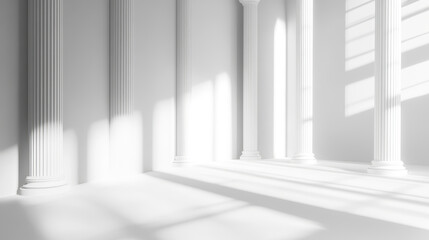 3D rendering of Greek columns on a white background, with soft shadows and diffused light rays