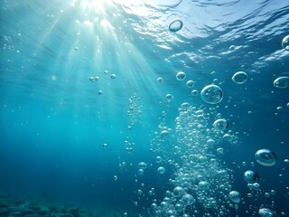 Underwater Sunlight Illuminating Bubbles in Deep Blue Ocean