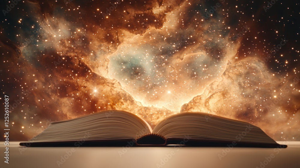 Poster Open Book with Cosmic Background Illustrating Knowledge and the Universe as Infinite Possibilities
