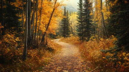Fototapeta premium Autumnal Path Through Golden Forest: A Serene Fall Landscape