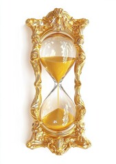 Gold hourglass, ornate frame, sand flowing, white background, time concept