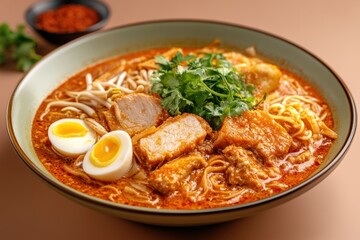 Fototapeta premium A delicious bowl of laksa noodle soup is presented