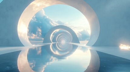 3d render surreal white minimal architecture background with geometric shapes, abstract fantastic design , landmark futuristic panoramic, futuristic scene with copy space, blue sky and cloudy