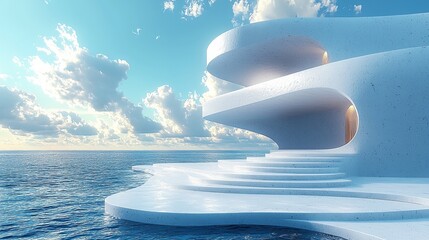 3d render surreal white minimal architecture background with geometric shapes, abstract fantastic design , landmark futuristic panoramic, futuristic scene with copy space, blue sky and cloudy