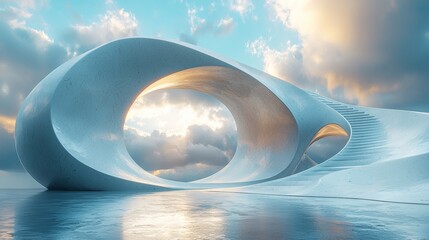 3d render surreal white minimal architecture background with geometric shapes, abstract fantastic design , landmark futuristic panoramic, futuristic scene with copy space, blue sky and cloudy