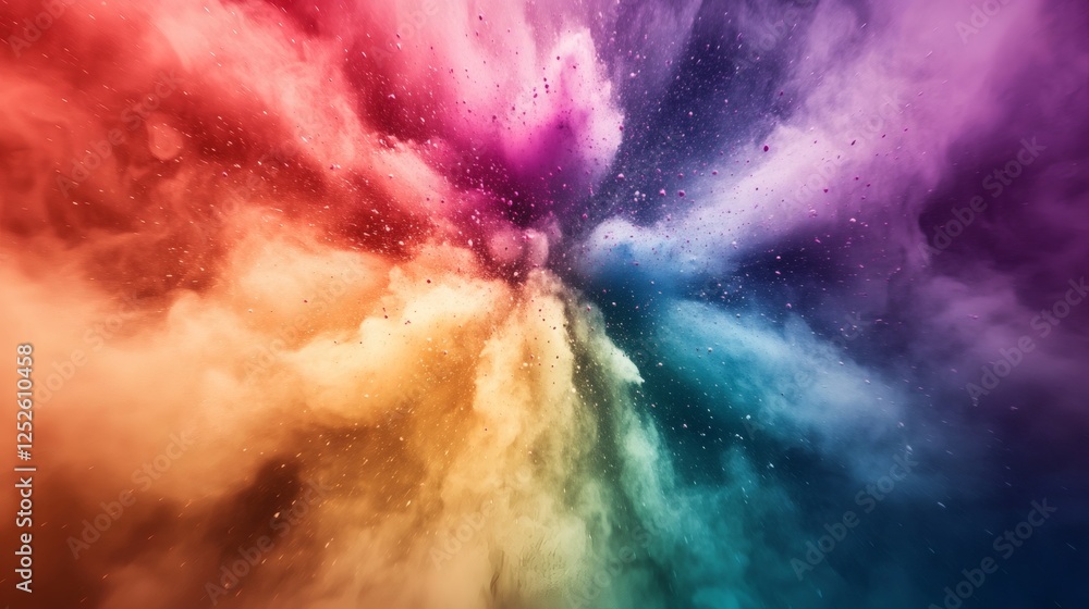 Poster abstract image with ten colors of dust smoke particles spreading outward from a central point creati