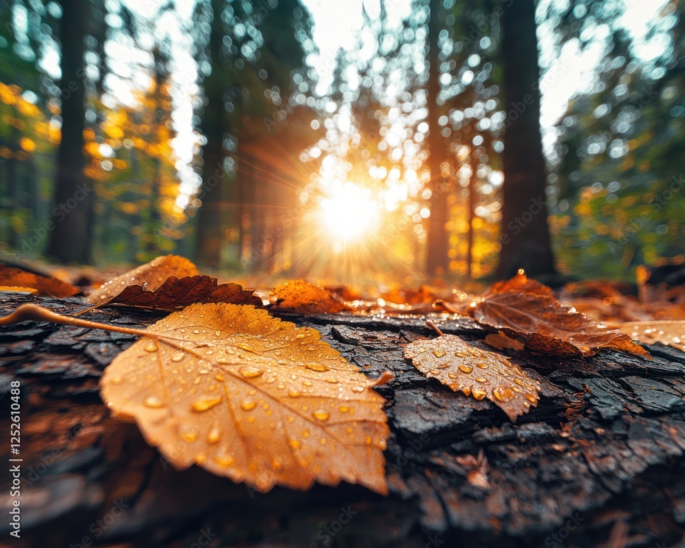 Poster sunlight filtering through trees over dewy autumn leaves on a log in a tranquil forest setting