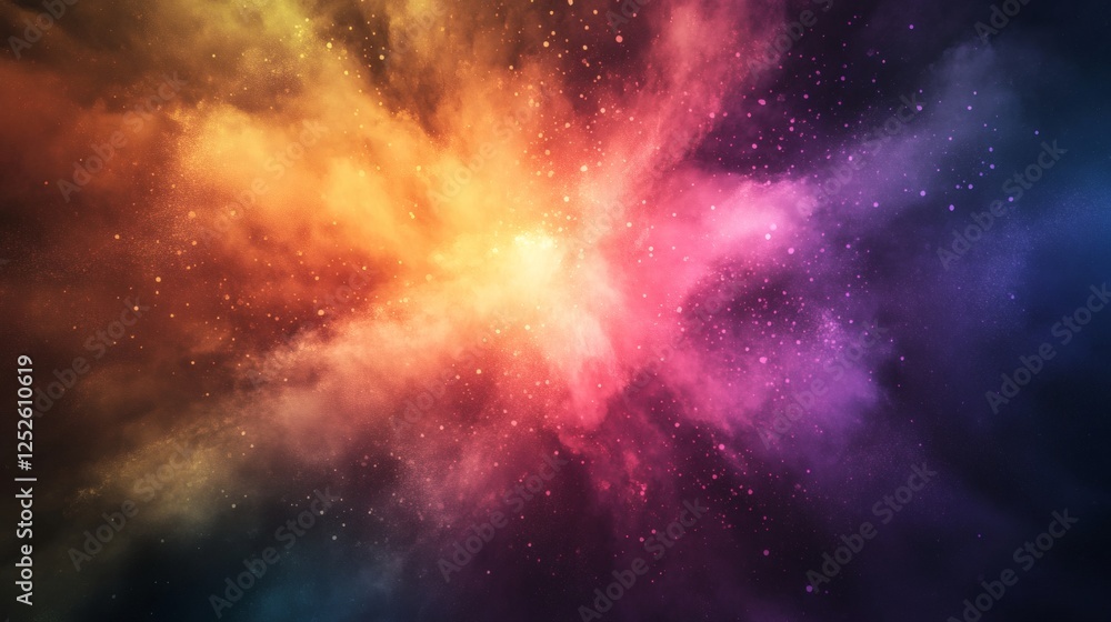 Poster abstract image with ten colors of dust smoke particles spreading outward from a central point creati