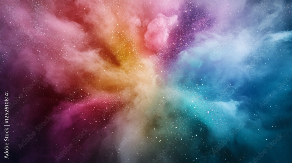Poster abstract image with ten colors of dust smoke particles spreading outward from a central point creati