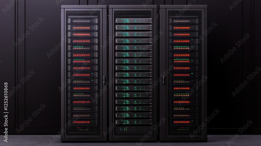 Poster Three Modern Server Racks with Colorful LED Lights in a Dark Data Center Environment