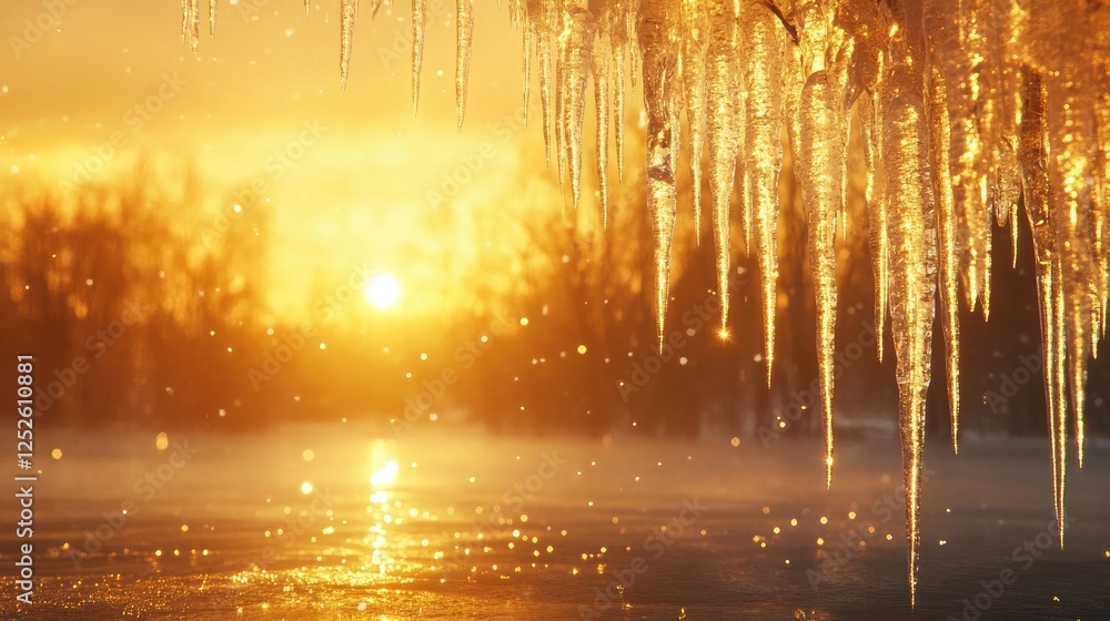 Poster golden sunlight casts a warm glow over icicles hanging from the edge of a frozen lake, creating a br
