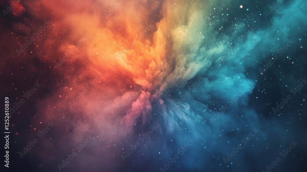 Poster abstract image with ten colors of dust smoke particles spreading outward from a central point creati