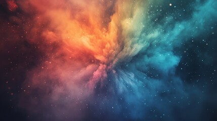 Naklejka premium Abstract image with ten colors of dust smoke particles spreading outward from a central point creating a burst of colorful energy The particles dissolve and fade into a soft muted background