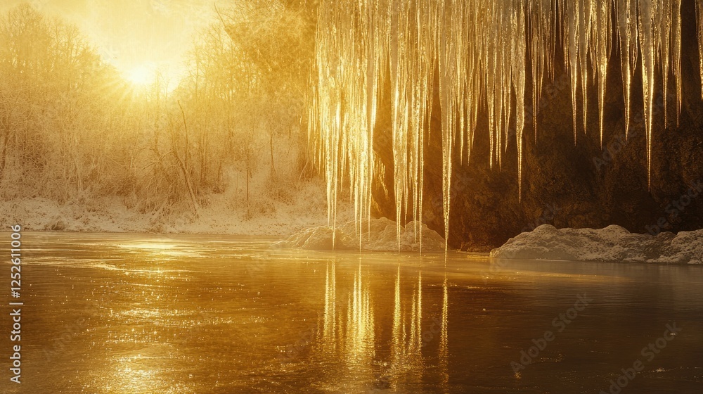 Aufkleber golden sunlight casts a warm glow over icicles hanging from the edge of a frozen lake, creating a br