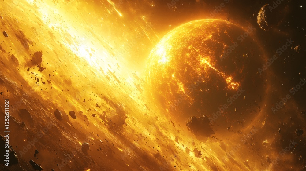 Poster advanced space station orbiting a golden creator planet glowing with energy fields and surrounded by