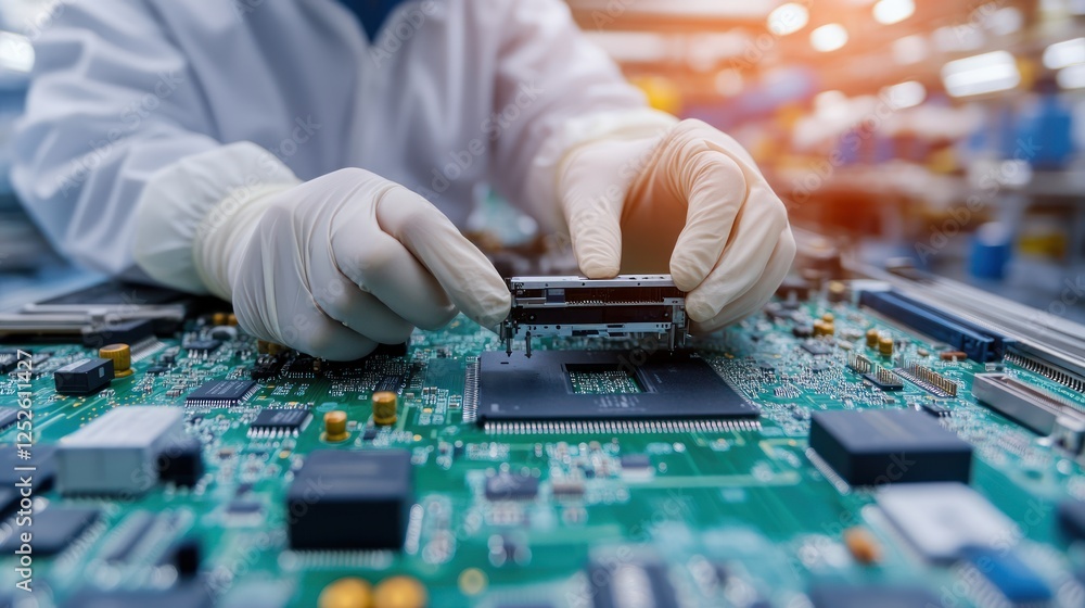 Aufkleber technician assembling electronic components on a circuit board in a high-tech laboratory environment