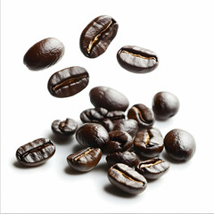 Obraz premium Roasted coffee beans falling, white background, food advertising