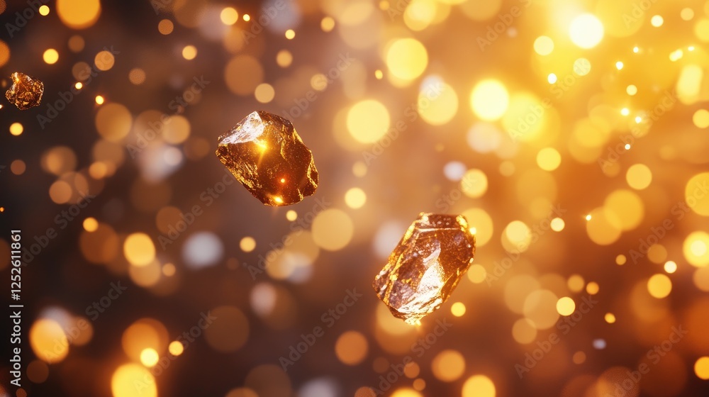 Aufkleber raw gold nuggets shining against a rich backdrop of warm golden bokeh lights, creating a luxurious a