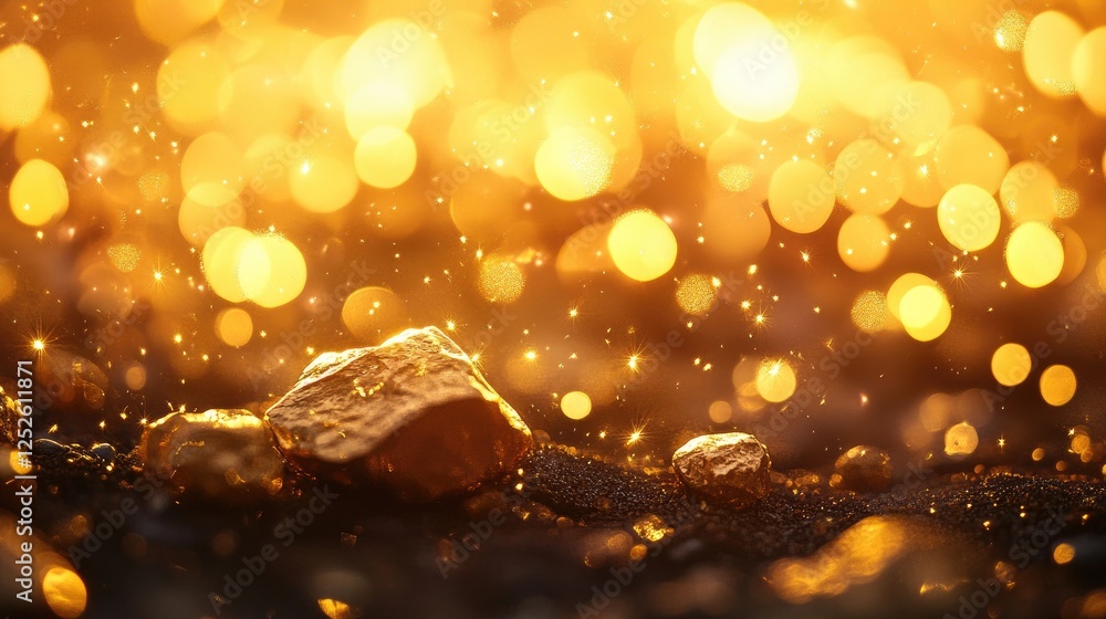 Poster Raw gold nuggets shining against a rich backdrop of warm golden bokeh lights, creating a luxurious and captivating atmosphere of prosperity