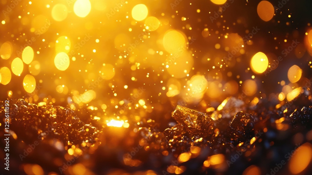 Poster raw gold nuggets shining against a rich backdrop of warm golden bokeh lights, creating a luxurious a