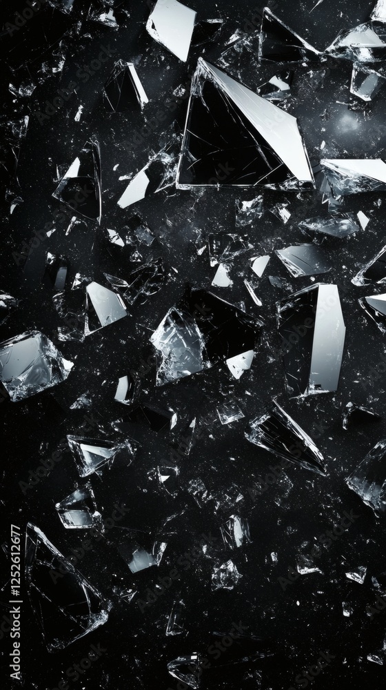 Poster artistic display of smashed glass pieces scattered over a black wallpaper background the sharp shard
