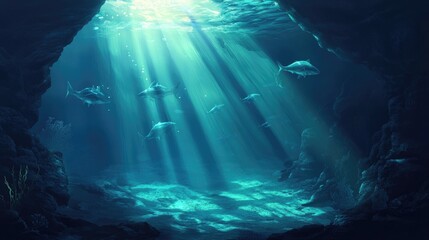 Sunlight streams into an underwater cave, illuminating a school of fish as they swim peacefully, capturing the beauty and mystery of the ocean depths