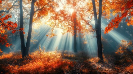 Obraz premium Autumnal Sunbeams: Enchanting Forest Scene