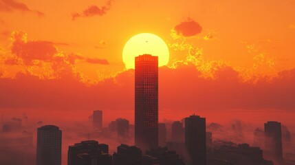 The sun rising over a tall skyscraper, creating a silhouette against the vibrant orange sky with soft clouds in the distance