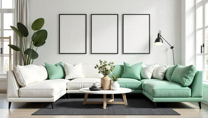 Elegant Living Room Interior with Blank Frames and Stylish Decor