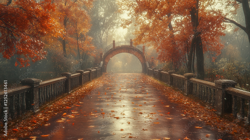 Poster misty autumn pathway with bridge and falling leaves..